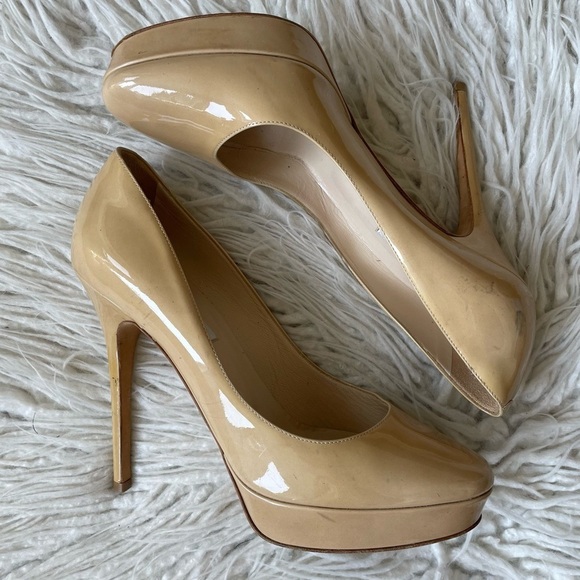 Jimmy Choo Cosmic Nude Beige Patent Leather Platform High Heel Pumps Size 39.5 - Picture 1 of 9